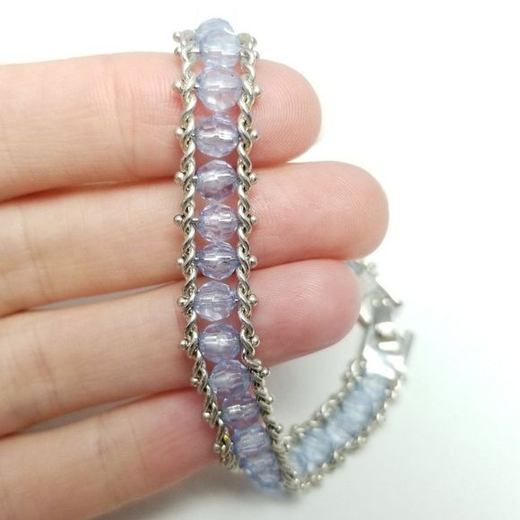 Vintage Jewelry - Vintage Light Blue Beaded and Silver Tone Bangle Bracelet, Stacking Style estate